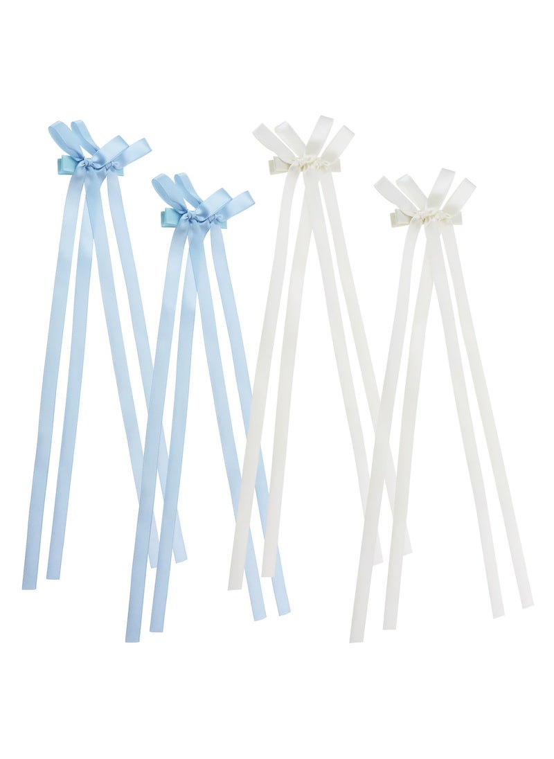 PENTA ANGEL Hair Bow Clip for Women Penta Angel 4Pcs Hair Ribbon Tassel Bowknot Barrette with Long Tail Decorative Hair Styling Accessory for Girls Hair Braid Decor Blue White 