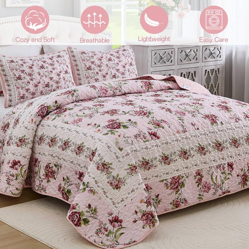 Xruibed Floral Quilt Set Queen Size, 3PCs Antique Rose Pink Bedspread Coverlet Set, Lightweight Soft Microfiber Pink Quilt Set with 2 Pillowcases for All Season (Queen Size 96"x90") - Image 2