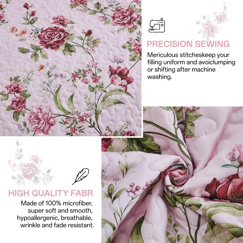 Xruibed Floral Quilt Set Queen Size, 3PCs Antique Rose Pink Bedspread Coverlet Set, Lightweight Soft Microfiber Pink Quilt Set with 2 Pillowcases for All Season (Queen Size 96"x90") - Image 4