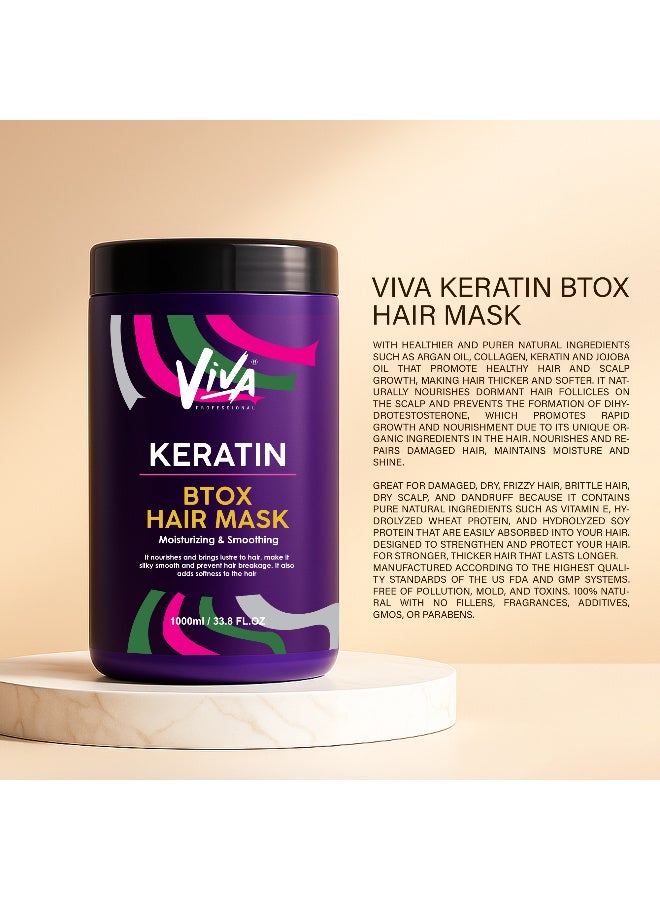 VIVA Professional Keratin BTOX Hair Mask 1000ml | Deep Conditioning Hair Treatment with Keratin, Argan Oil, Collagen & Jojoba Oil | Moisturizing & Smoothing Hair Mask for Dry, Damaged & Frizzy Hair - Image 3