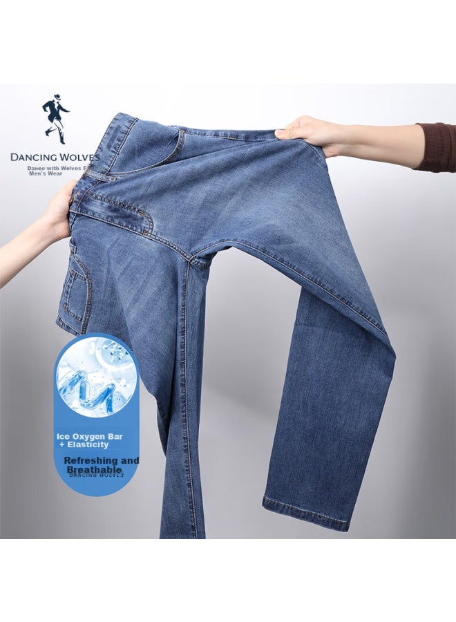 Dancing Wolves Ice Oxygen Bar Cool Retro Water Washed Commuting Casual Men's Jeans Men's Jeans Long Pants 112 Mid Blue 35 - Image 1