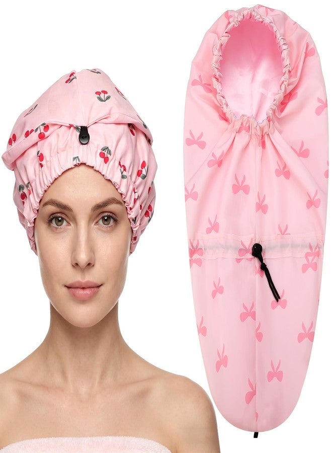 Newcotte 2 Pcs Satin Lined Shower Cap Pink Bow Cherry Print Extra Large Waterproof Bath Cap for Women Reusable Hair Bonnet for Long Thick Hair Braids Curls Spa Accessories - Image 1
