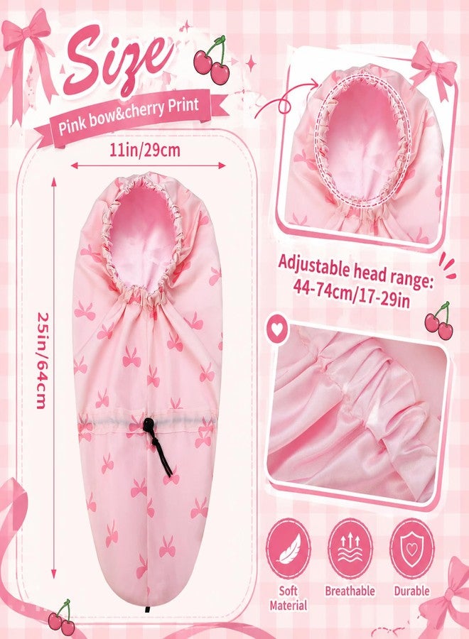 Newcotte 2 Pcs Satin Lined Shower Cap Pink Bow Cherry Print Extra Large Waterproof Bath Cap for Women Reusable Hair Bonnet for Long Thick Hair Braids Curls Spa Accessories - Image 2