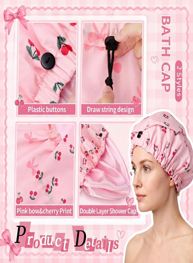 Newcotte 2 Pcs Satin Lined Shower Cap Pink Bow Cherry Print Extra Large Waterproof Bath Cap for Women Reusable Hair Bonnet for Long Thick Hair Braids Curls Spa Accessories - Image 3