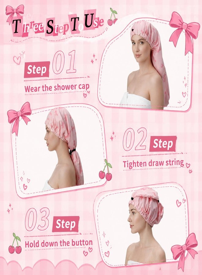 Newcotte 2 Pcs Satin Lined Shower Cap Pink Bow Cherry Print Extra Large Waterproof Bath Cap for Women Reusable Hair Bonnet for Long Thick Hair Braids Curls Spa Accessories - Image 4