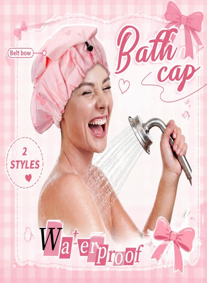 Newcotte 2 Pcs Satin Lined Shower Cap Pink Bow Cherry Print Extra Large Waterproof Bath Cap for Women Reusable Hair Bonnet for Long Thick Hair Braids Curls Spa Accessories - Image 5