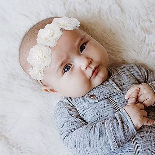 mligril 3pcs Baby Girl Floral Headbands Set-Elastic Hair Band Crown Flower Wraps for Newborn Infant Toddler (3, Off White) - Image 3