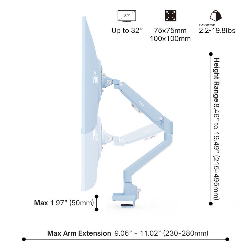 Pixio PS1S Wave Blue Single Monitor Arm Stand Desk Mount - Fits up to 32 inches Monitors and up to 19.8lbs. VESA Compatibility and Integrated Cable Management - Image 4