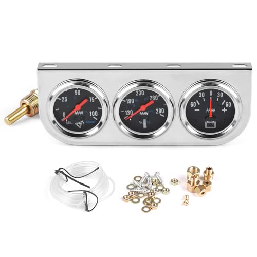 Dyno Racing 2" 52mm Car Triple Gauge Kit Set Chrome Panel Mechanical 3 in 1 Oil Pressure Gauge Fahrenheit Water Temperature Temp Gauge AMP Ammeter Gauges Meter Black Face - Image 5