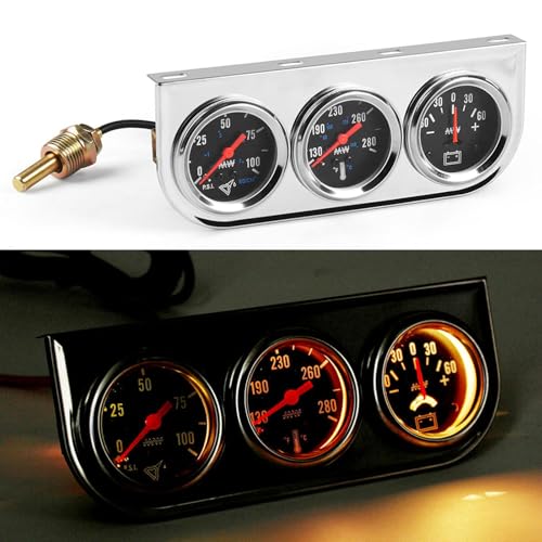 Dyno Racing 2" 52mm Car Triple Gauge Kit Set Chrome Panel Mechanical 3 in 1 Oil Pressure Gauge Fahrenheit Water Temperature Temp Gauge AMP Ammeter Gauges Meter Black Face - Image 3