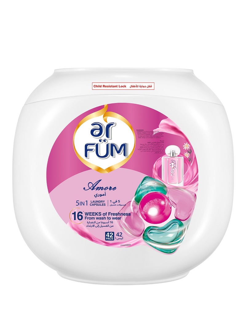 ar FUM ArFum PODS, 5-in-1 Laundry Detergent Capsules with Scent Booster, Detergent Concentrate, Softener, Color Protect, Stain Remover, 16 Weeks Fragrance, 42 Pods, Amore, Pack of 2 X 42 Pods (84 Capsules) - Image 2