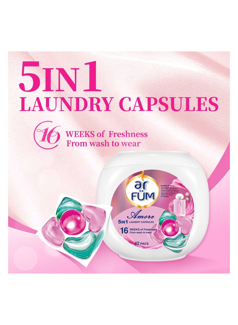 ar FUM ArFum PODS, 5-in-1 Laundry Detergent Capsules with Scent Booster, Detergent Concentrate, Softener, Color Protect, Stain Remover, 16 Weeks Fragrance, 42 Pods, Amore, Pack of 2 X 42 Pods (84 Capsules) - Image 4