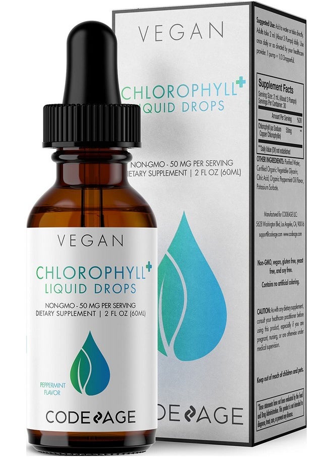 Codeage - Chlorophyll Liquid Drops Supplement Immune Support Skin Care Certified Organic Vegetable Glycerin Water Liquid Chlorophyll Organic Peppermint Flavor Clorofila Vegan 2 Fl Oz - Image 1