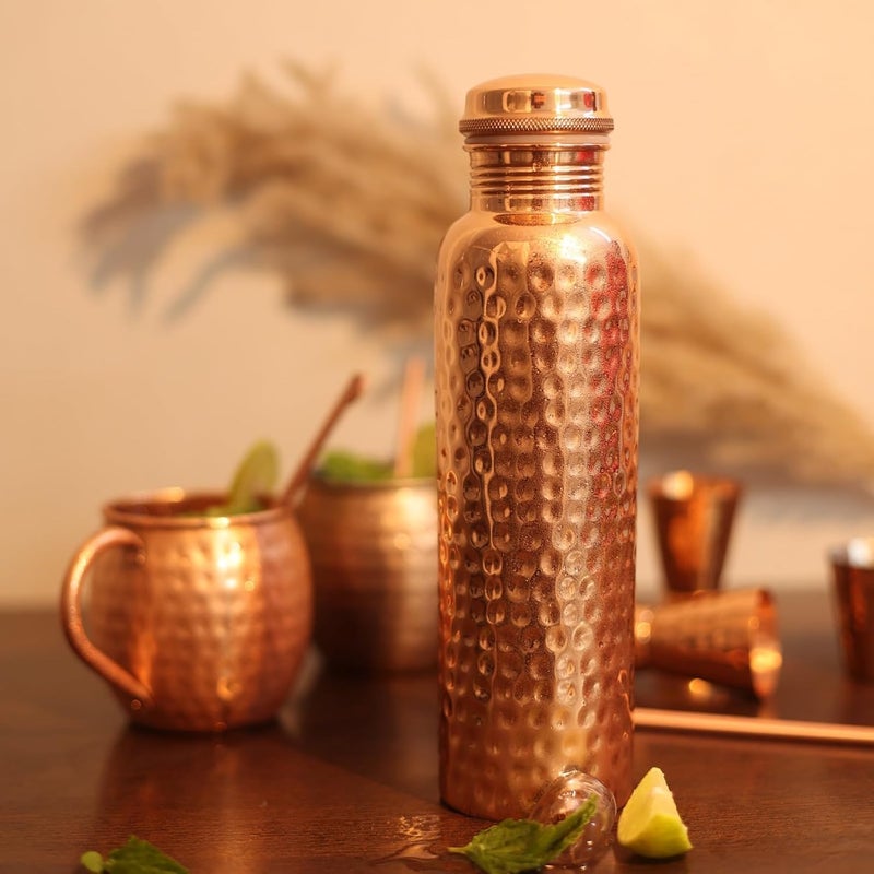 Bold & Divine Premium 32oz Pure Copper Hammered Water Bottle for Drinking - Ayurvedic Health Benefits - Handcrafted Copper Water Vessel - Leak-Proof Design, Rust-Free - Bonus Canvas Carry Bag - Image 2