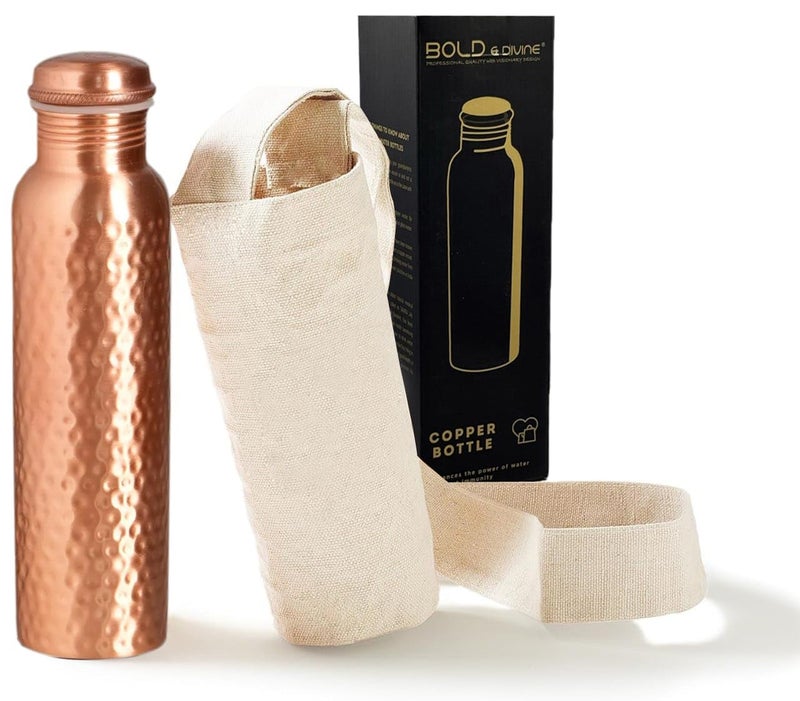 Bold & Divine Premium 32oz Pure Copper Hammered Water Bottle for Drinking - Ayurvedic Health Benefits - Handcrafted Copper Water Vessel - Leak-Proof Design, Rust-Free - Bonus Canvas Carry Bag - Image 1