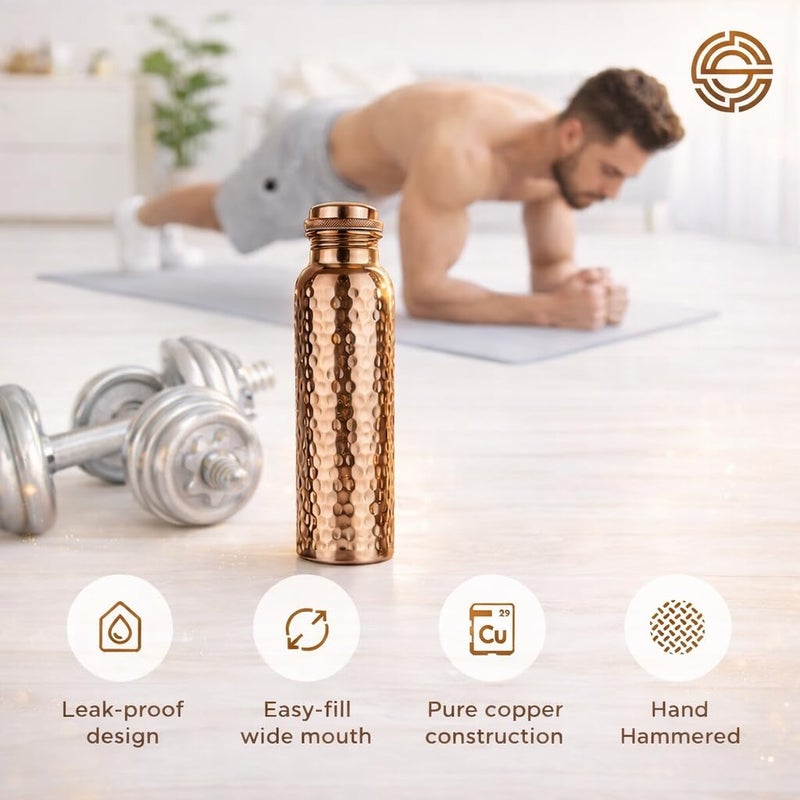Bold & Divine Premium 32oz Pure Copper Hammered Water Bottle for Drinking - Ayurvedic Health Benefits - Handcrafted Copper Water Vessel - Leak-Proof Design, Rust-Free - Bonus Canvas Carry Bag - Image 4