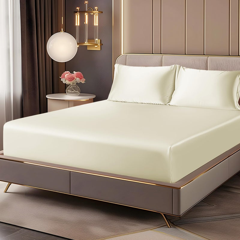 بيديليت طقم ملاءات سرير وأغطية وسائد من الساتان الفاخر من BEDELITE، ملاءة سرير ناعمة فاخرة تشبه الحرير مع أشرطة مطاطية في الزوايا، جيب عميق يصل إلى 15 بوصة، ملاءة سرير واحدة و2 غطاء وسادة (مقاس كامل، بيج). - Image 1