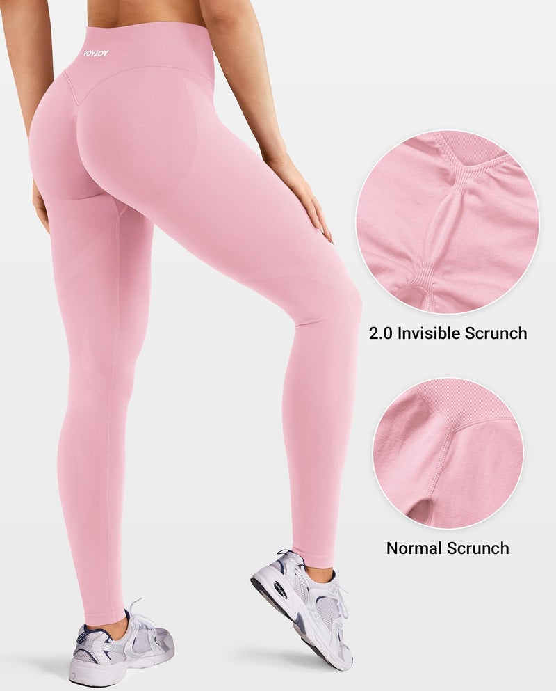 VOYJOY Workout Butt Lifting Leggings for Women Hidden Scrunch Tummy Control Gym Leggings Seamless Yoga Pants Pink M - Image 3