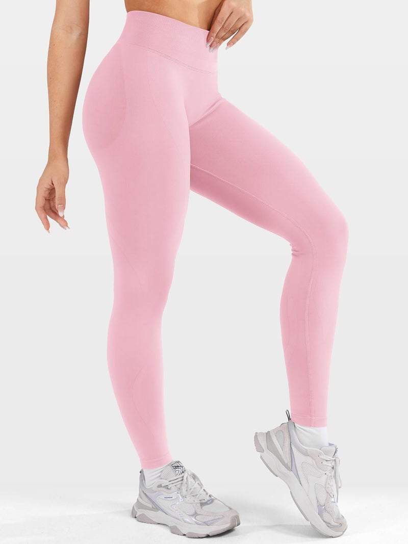 VOYJOY Workout Butt Lifting Leggings for Women Hidden Scrunch Tummy Control Gym Leggings Seamless Yoga Pants Pink M - Image 5
