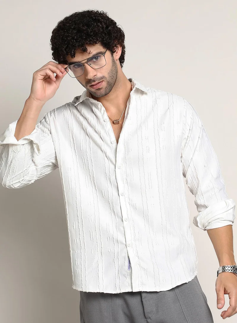 Campus Sutra Men's Chalk White Ripple-Edge Shirt