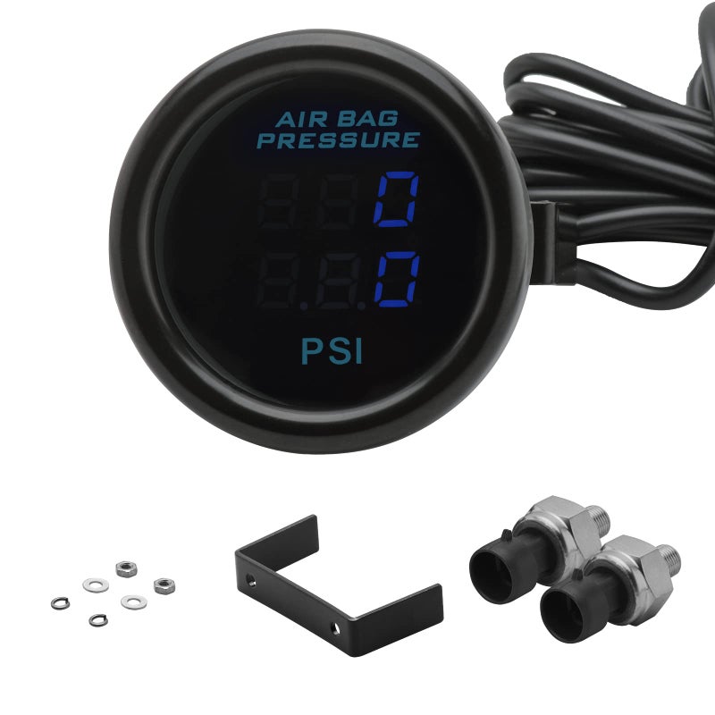 CNRAQR Dual Display Air Suspension Gauge Air Ride Air Pressure Gauge 2Inch 0-220PSI with 2Pcs 1/8NPT Sensors and 16.5ft Sensor Cable LCD Blue - Image 1