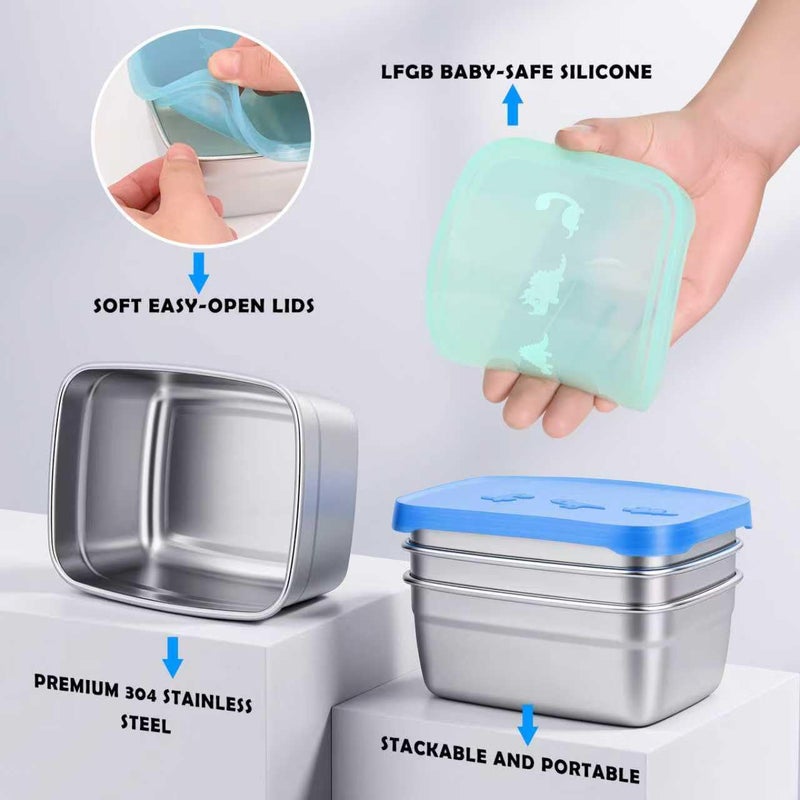 Tanjiae 3-Pack Stainless Steel Snack Containers for Kids & Toddlers - 550ml (18oz) Leakproof Colorful Lids with Cute Dinosaurs | LFGB Certified, Stackable Metal Lunch Box for Daycare, School, Travel - Image 3