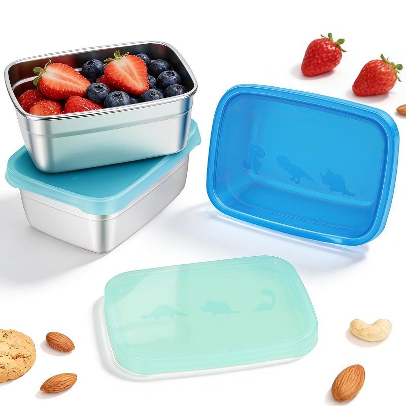 Tanjiae 3-Pack Stainless Steel Snack Containers for Kids & Toddlers - 550ml (18oz) Leakproof Colorful Lids with Cute Dinosaurs | LFGB Certified, Stackable Metal Lunch Box for Daycare, School, Travel - Image 1