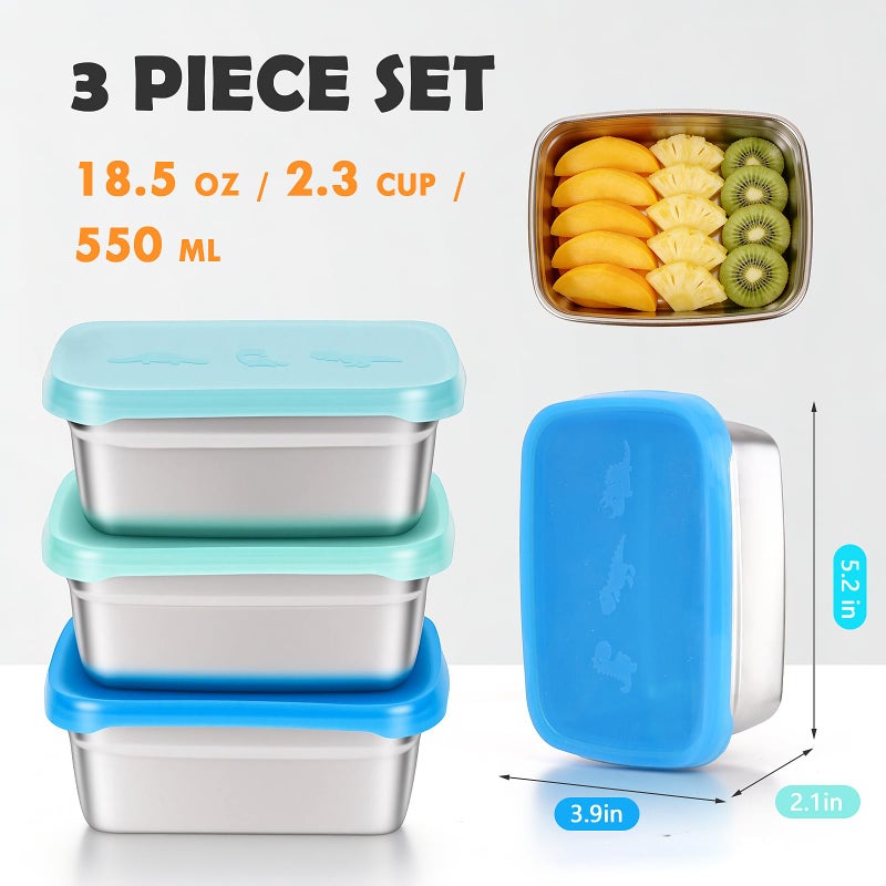 Tanjiae 3-Pack Stainless Steel Snack Containers for Kids & Toddlers - 550ml (18oz) Leakproof Colorful Lids with Cute Dinosaurs | LFGB Certified, Stackable Metal Lunch Box for Daycare, School, Travel - Image 4