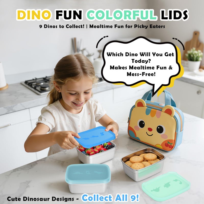 Tanjiae 3-Pack Stainless Steel Snack Containers for Kids & Toddlers - 550ml (18oz) Leakproof Colorful Lids with Cute Dinosaurs | LFGB Certified, Stackable Metal Lunch Box for Daycare, School, Travel - Image 2