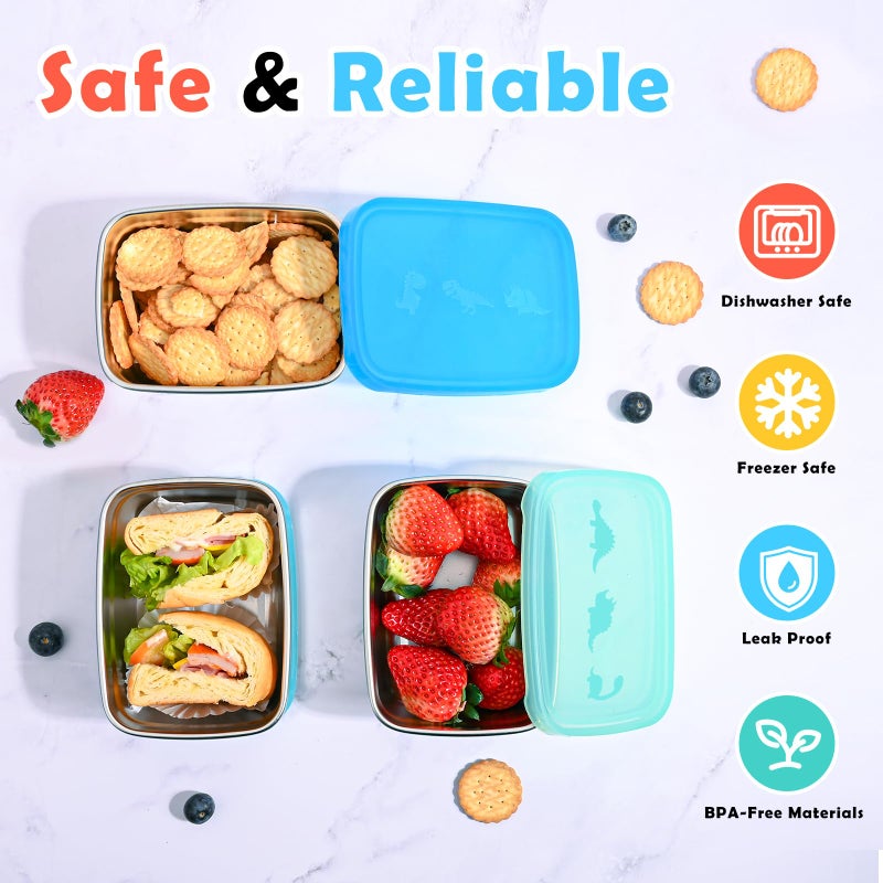 Tanjiae 3-Pack Stainless Steel Snack Containers for Kids & Toddlers - 550ml (18oz) Leakproof Colorful Lids with Cute Dinosaurs | LFGB Certified, Stackable Metal Lunch Box for Daycare, School, Travel - Image 5