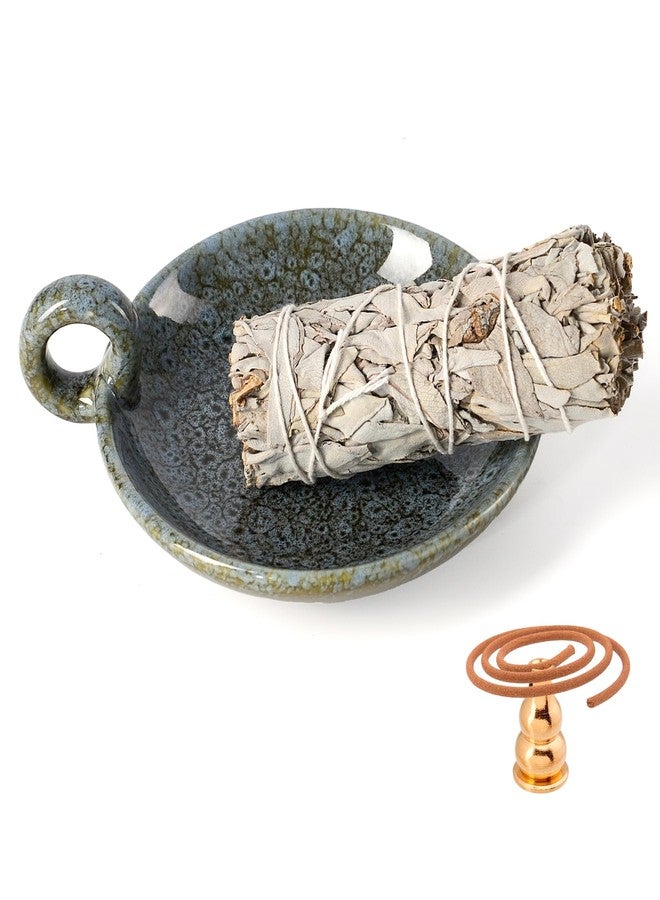 MKLZ Ceramic Candle Holders with Handle, Palo Santo Holder for Burning, Vintage Farmhouse Smudge Incense Stick Bowl, Sage Burner Tray, Ash Catcher Plate for Meditation Room Home Decor (Blue Grey) - Image 1
