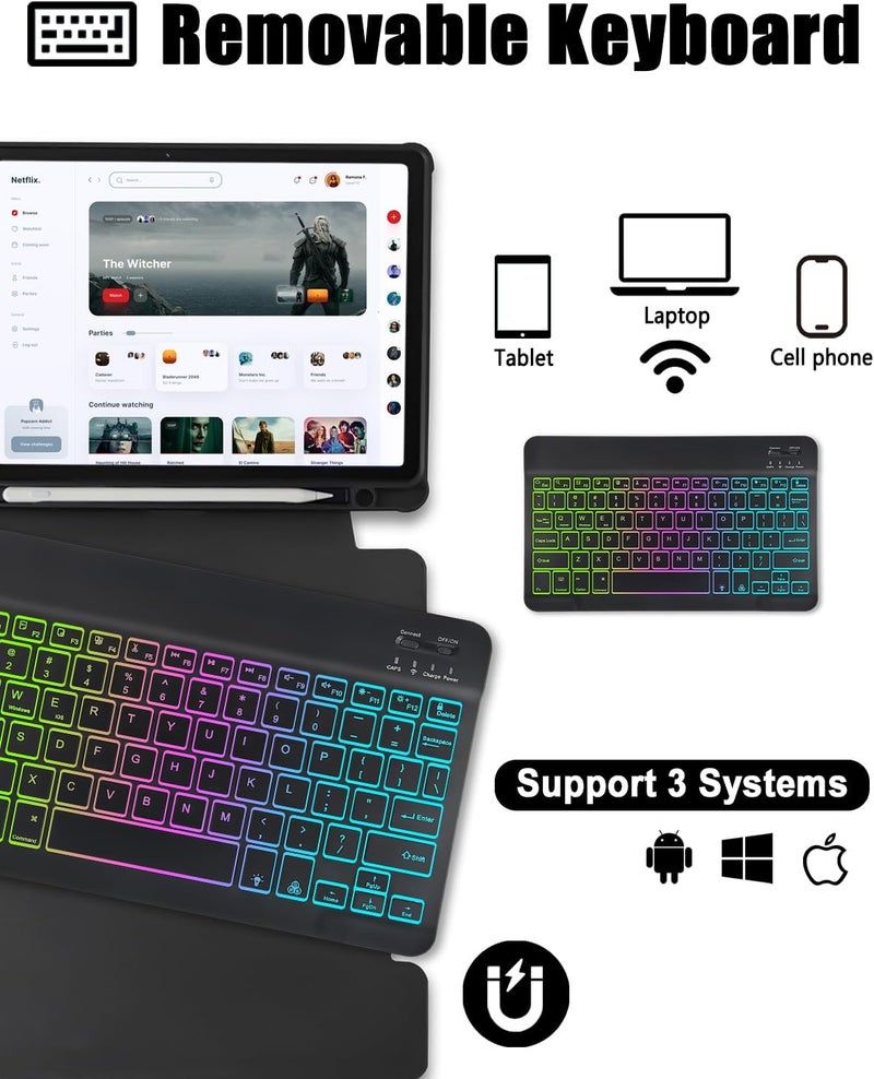 حافظة لوحة مفاتيح لجهاز سامسونج جالاكسي تاب A9 بلس 11.0 بوصة Sm-X210/Sm-X215/Sm-X216، غطاء دوار 360 درجة مع إضاءة خلفية ملونة ولوحة مفاتيح قابلة للفصل تناسب الجهاز اللوحي A9+ 5G (أسود) - Image 5