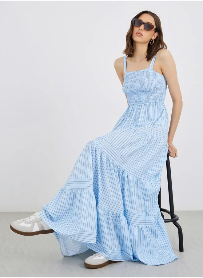 Take Two Take Two Striped Smocking Detail Strappy Tiered Maxi Dress