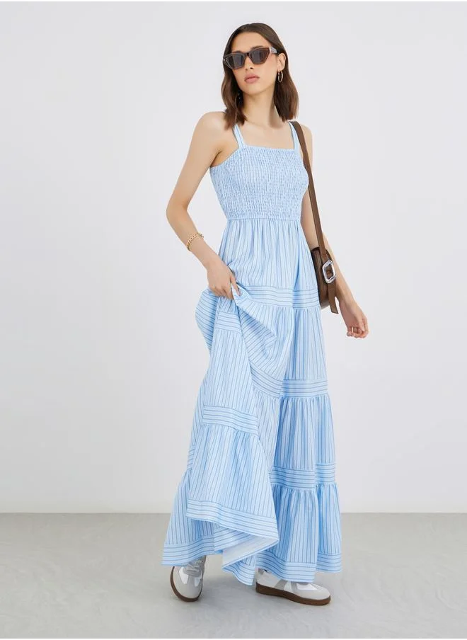 Take Two Take Two Striped Smocking Detail Strappy Tiered Maxi Dress