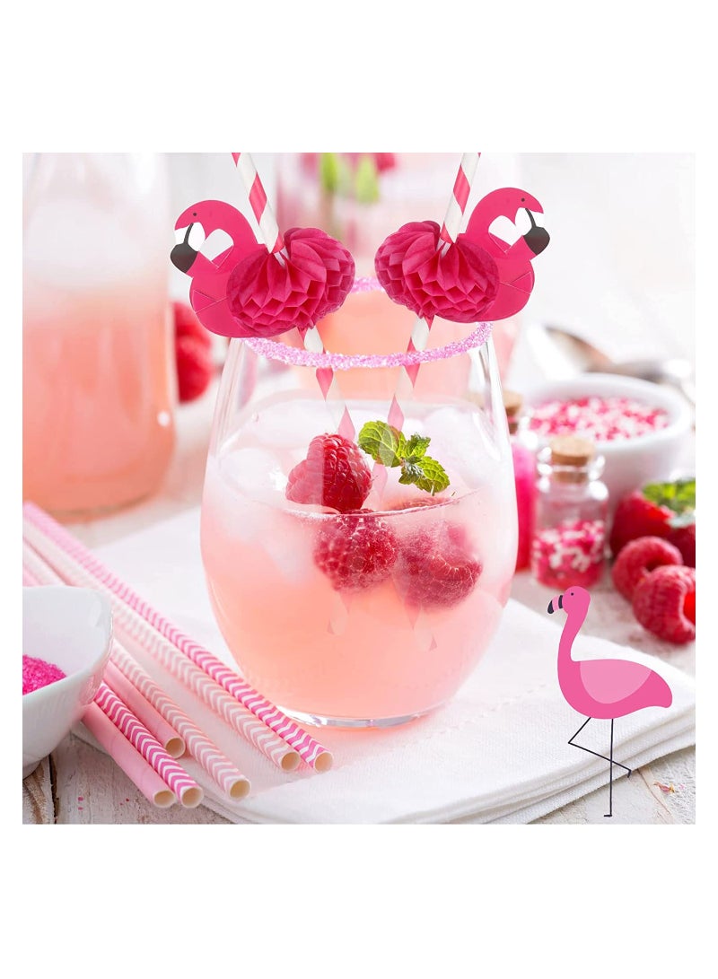Excefore 50 Pcs Flamingo Striped Paper Straws Decorations Disposable Water Straws and 50 Pcs Picks for Water Handmade Wood Flamingo Toothpicks Flamingo Food Picks for Tropical Hawaiian Luau Party - Image 4