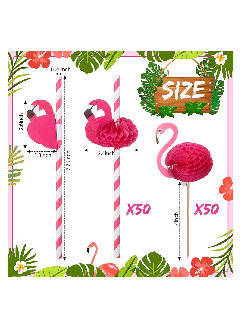 Excefore 50 Pcs Flamingo Striped Paper Straws Decorations Disposable Water Straws and 50 Pcs Picks for Water Handmade Wood Flamingo Toothpicks Flamingo Food Picks for Tropical Hawaiian Luau Party - Image 2