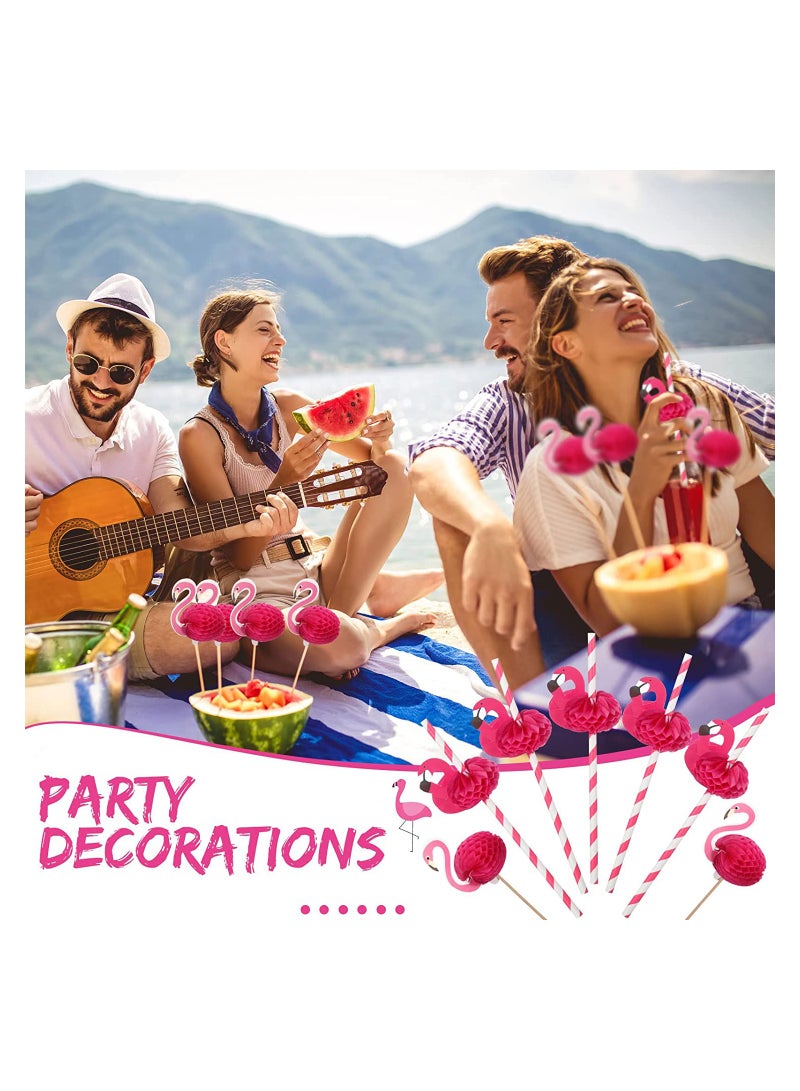 Excefore 50 Pcs Flamingo Striped Paper Straws Decorations Disposable Water Straws and 50 Pcs Picks for Water Handmade Wood Flamingo Toothpicks Flamingo Food Picks for Tropical Hawaiian Luau Party - Image 5