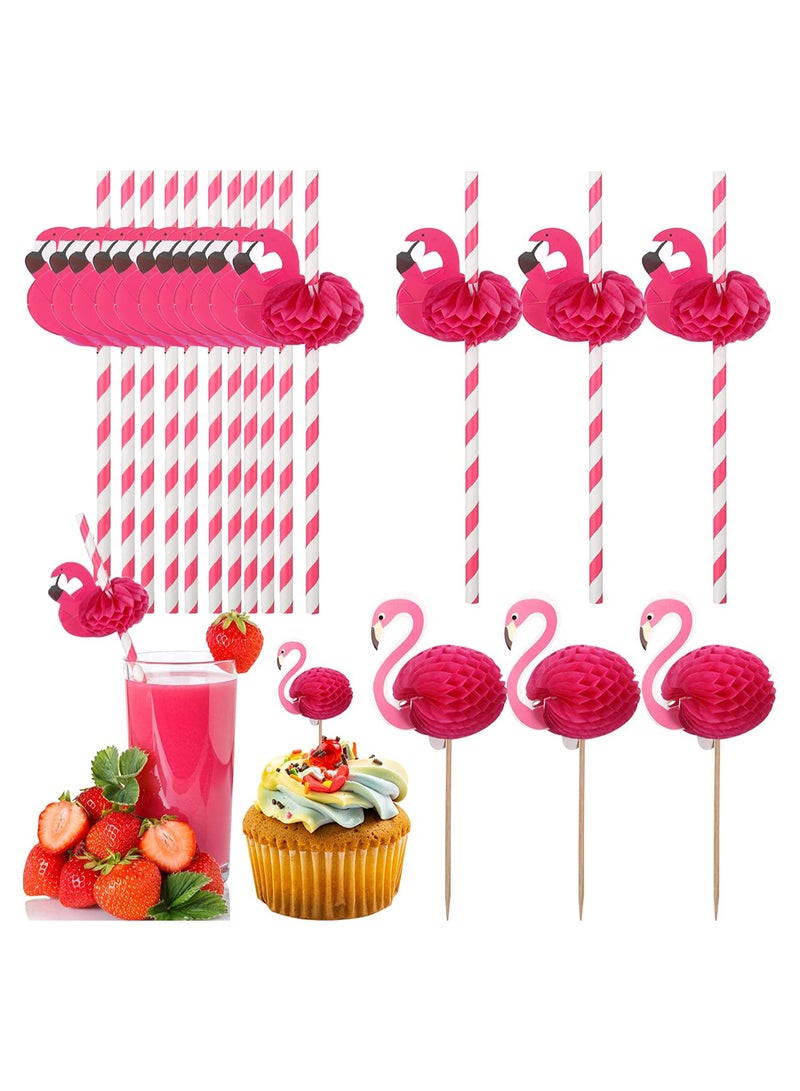 Excefore 50 Pcs Flamingo Striped Paper Straws Decorations Disposable Water Straws and 50 Pcs Picks for Water Handmade Wood Flamingo Toothpicks Flamingo Food Picks for Tropical Hawaiian Luau Party - Image 1