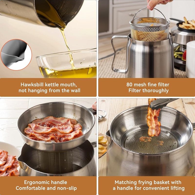 SINYWAY 2L Oil Filter Pot Bacon Grease Saver with Strainer, 68oz Steel Pour Fryer Large Capacity Bacon Grease Container with Cooking Thermometer & 50 Wax Papers Stainless Steel for Kitchen Camping - Image 2