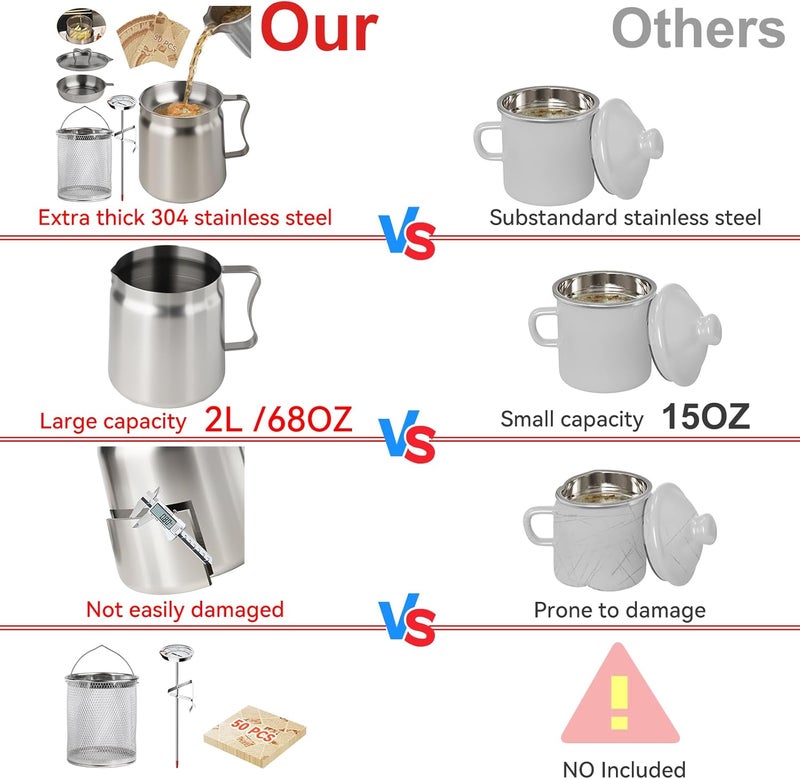 SINYWAY 2L Oil Filter Pot Bacon Grease Saver with Strainer, 68oz Steel Pour Fryer Large Capacity Bacon Grease Container with Cooking Thermometer & 50 Wax Papers Stainless Steel for Kitchen Camping - Image 3