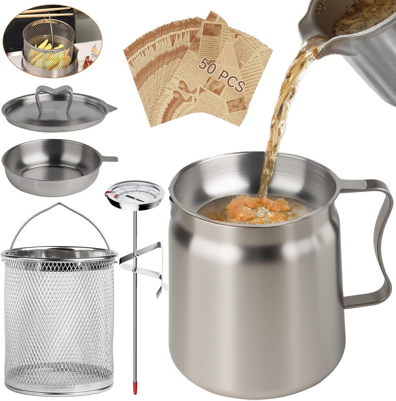 SINYWAY 2L Oil Filter Pot Bacon Grease Saver with Strainer, 68oz Steel Pour Fryer Large Capacity Bacon Grease Container with Cooking Thermometer & 50 Wax Papers Stainless Steel for Kitchen Camping - Image 1