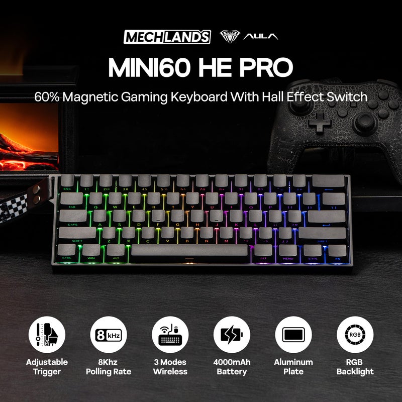 MechLands Aula Mini60 HE PRO Wireless Hall Effect Gaming Keyboard, 4000mAh, SOCD & DKS, Magnetic Keyboard with Fast Trigger, Adjustable Actuation, 8K Polling, RGB Backlit, Sound Dampening (Black) - Image 2