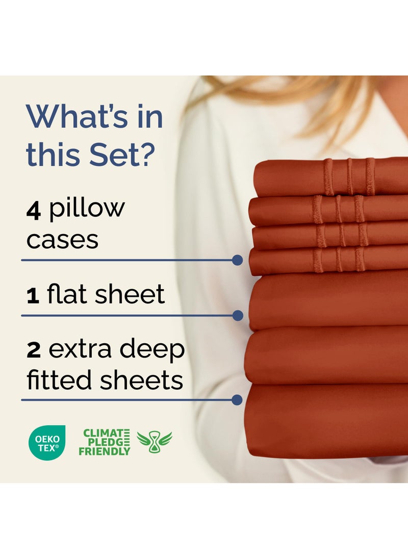 Extra Deep Split King Sheet Set - 7 Piece Breathable & Cooling Sheets - Hotel Luxury Bed Sheets Set - Easy Fit - Soft  Wrinkle Free & Comfy Sheets Set - Terracotta Sheet Set with Extra Deep Pockets