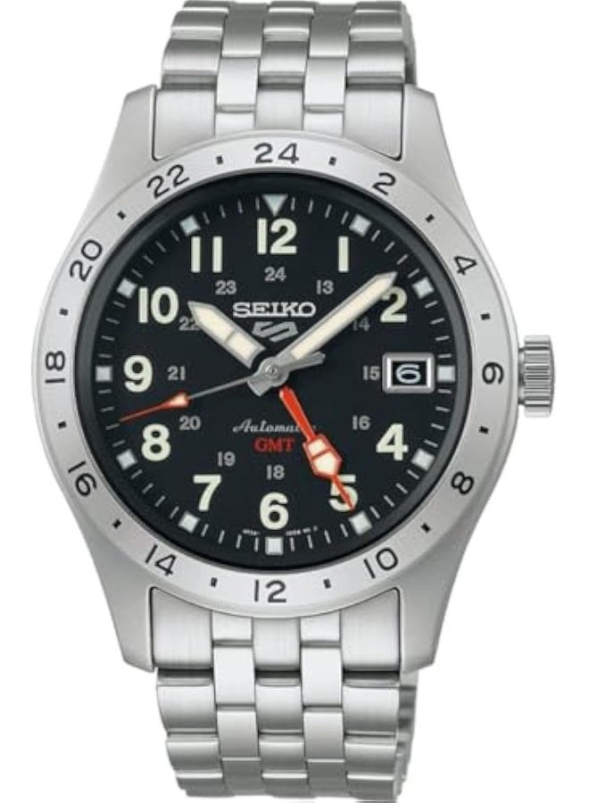 Seiko ساعة ستيكو 5 GMT ذات القرص الأسود من الفولاذ المقاوم للصدأ للرجال SSK023K1