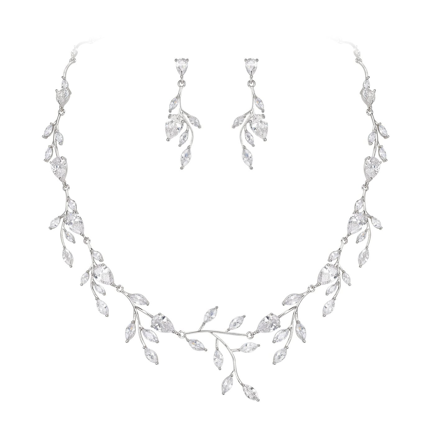 EVER FAITH Wedding Jewelry for Bride Women Bridesmaid, Sparkly Cubic Zirconia Pear-Shaped Birthstone Leaf Necklace Earrings Set for Prom Clear Silver-Tone
