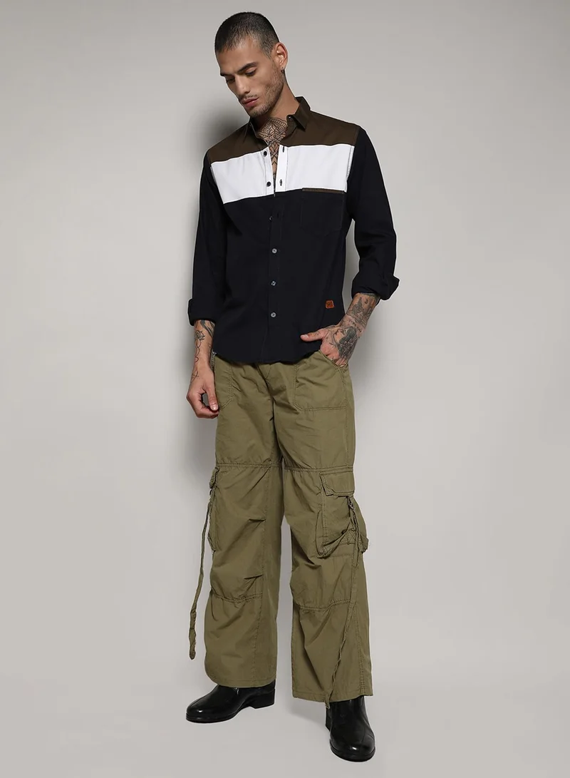 Campus Sutra Campus Sutra Men's Navy Blue & Olive Green Contrast Panel Shirt For Casual Wear | Spread Collar | Long Sleeve | Button Closure | Cotton Shirt Crafted With Comfort Fit For Everyday Wear
