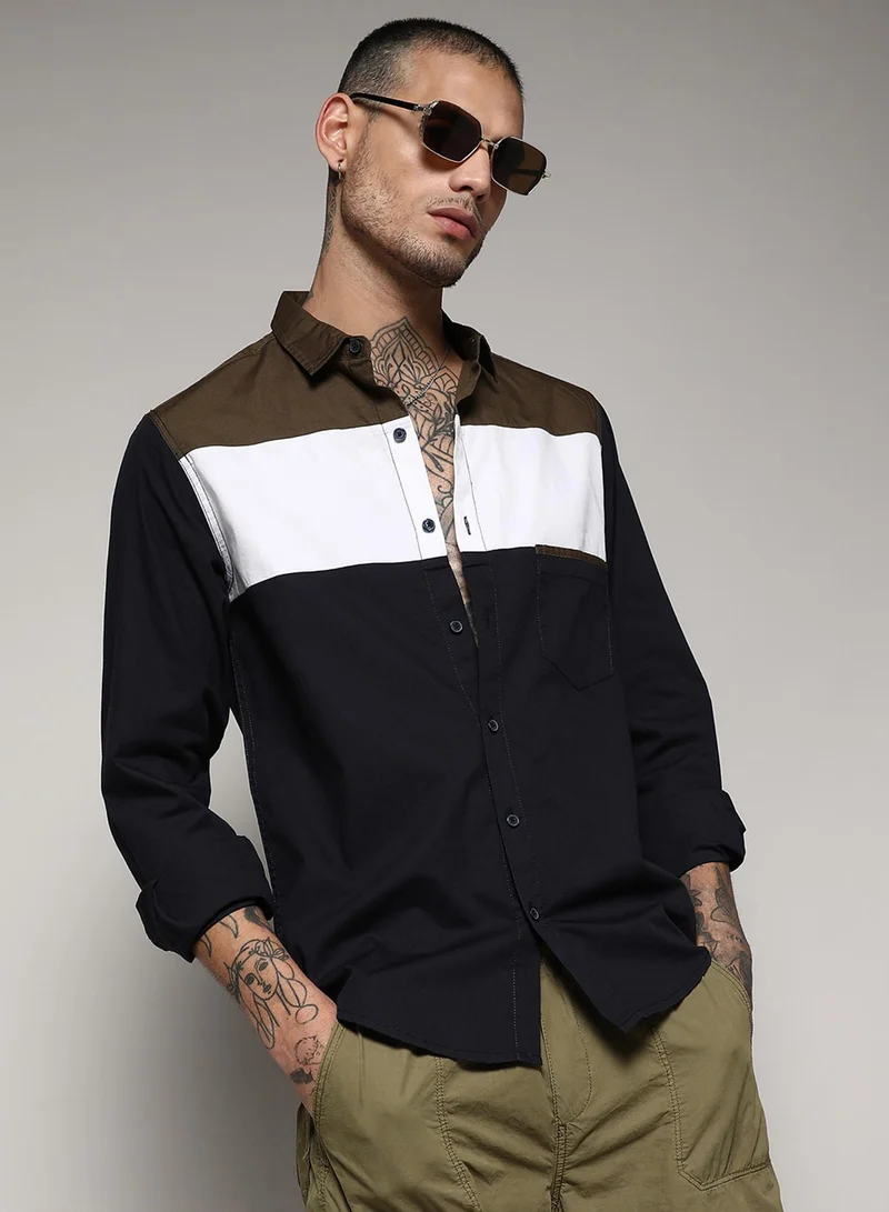 Campus Sutra Campus Sutra Men's Navy Blue & Olive Green Contrast Panel Shirt For Casual Wear | Spread Collar | Long Sleeve | Button Closure | Cotton Shirt Crafted With Comfort Fit For Everyday Wear