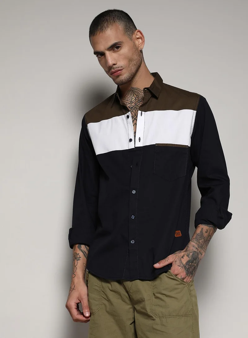 Campus Sutra Campus Sutra Men's Navy Blue & Olive Green Contrast Panel Shirt For Casual Wear | Spread Collar | Long Sleeve | Button Closure | Cotton Shirt Crafted With Comfort Fit For Everyday Wear