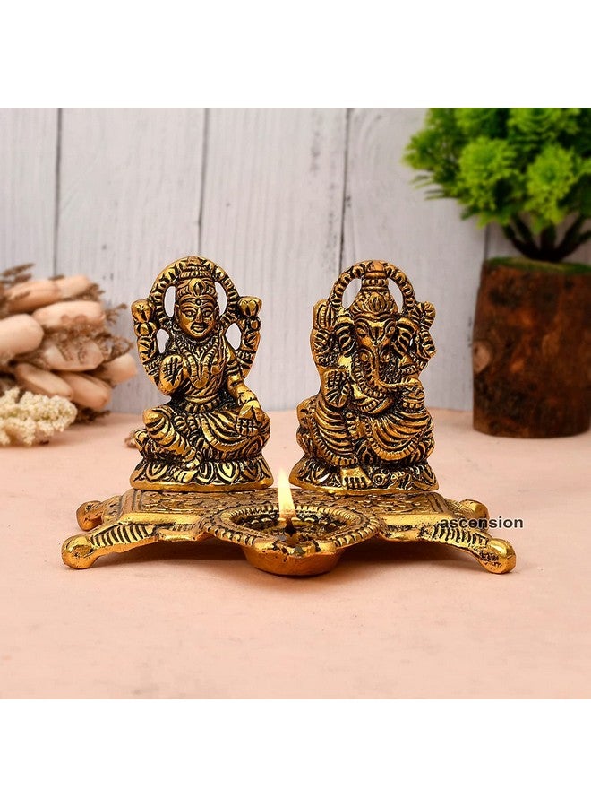 أسينشين طبق زخرفي من الألومنيوم على شكل تمثال لاكشمي غانيشا مع مجموعة تحفة أثرية من ديا للعبادة والديكور المنزلي (ذهبي) - Image 1