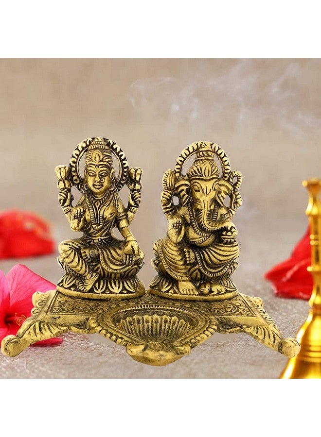 أسينشين طبق زخرفي من الألومنيوم على شكل تمثال لاكشمي غانيشا مع مجموعة تحفة أثرية من ديا للعبادة والديكور المنزلي (ذهبي) - Image 5